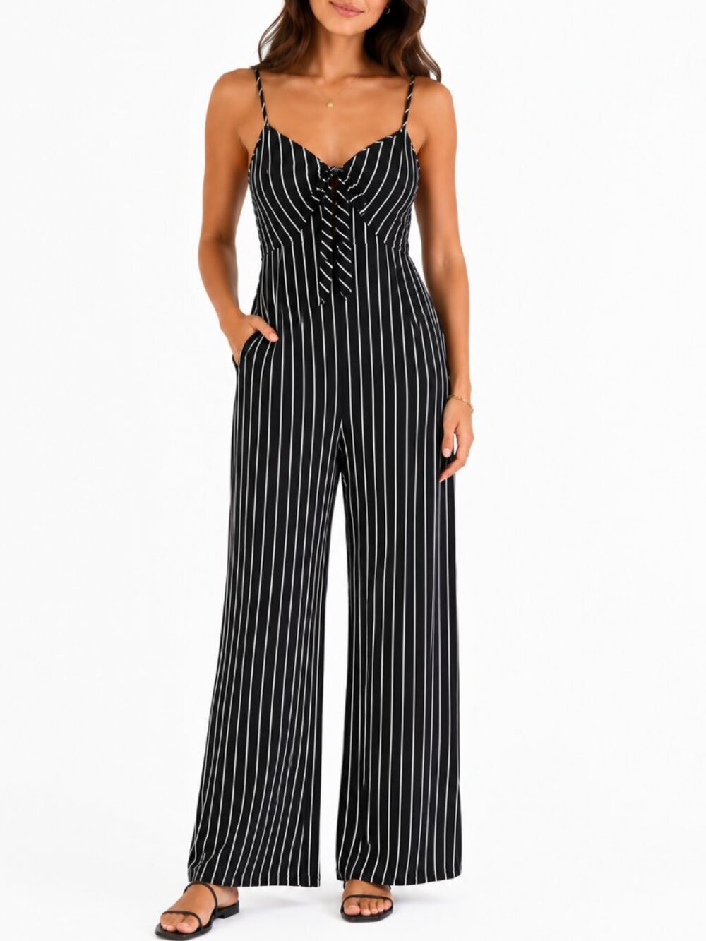 Lavender Field Anthropologie Black & White Striped Jumpsuit Overalls Wide Leg Lg